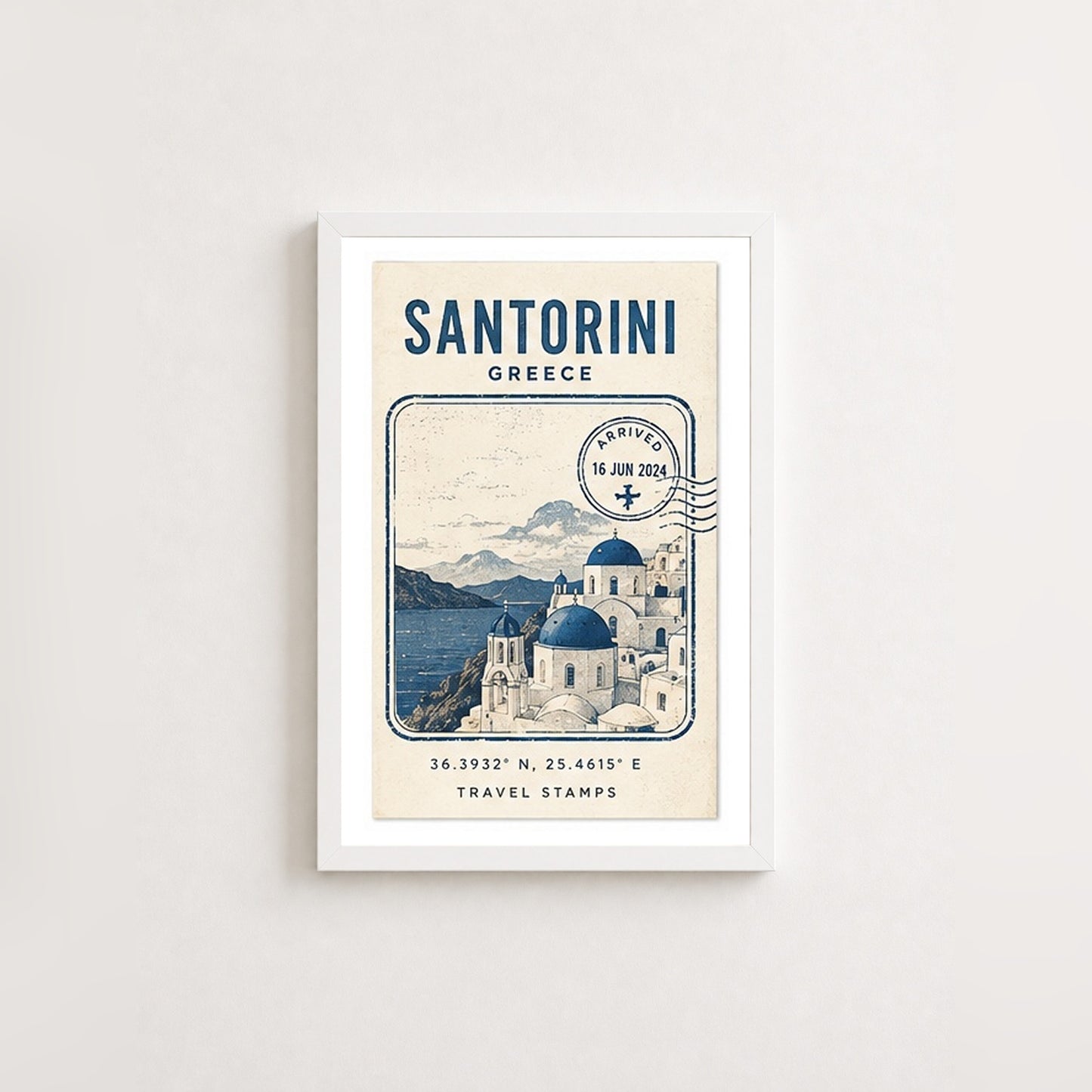 Santorini Hatırası – Vintage Çerçeveli Poster — Beyaz — Paspartulu — TabloLab