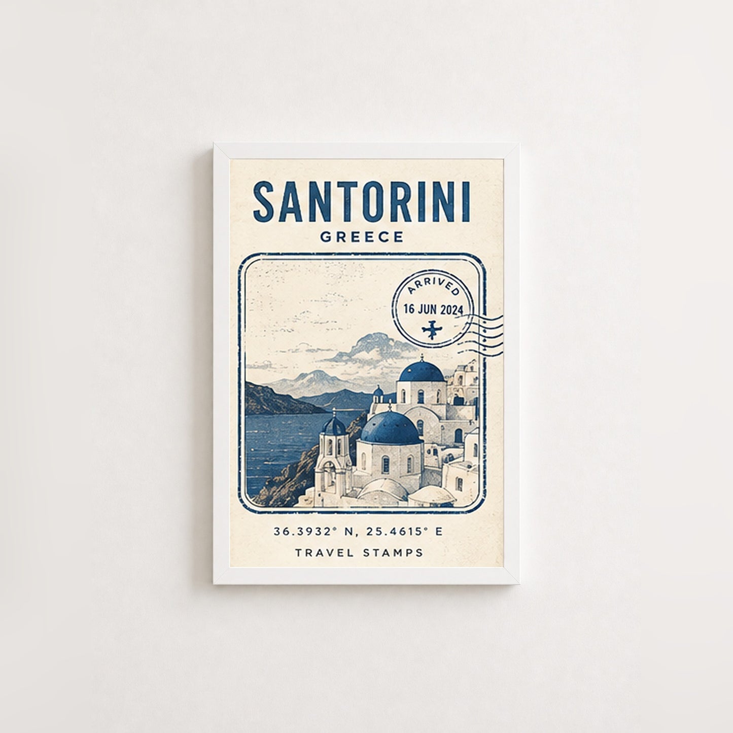 Santorini Hatırası – Vintage Çerçeveli Poster — Beyaz — Paspartusuz — TabloLab