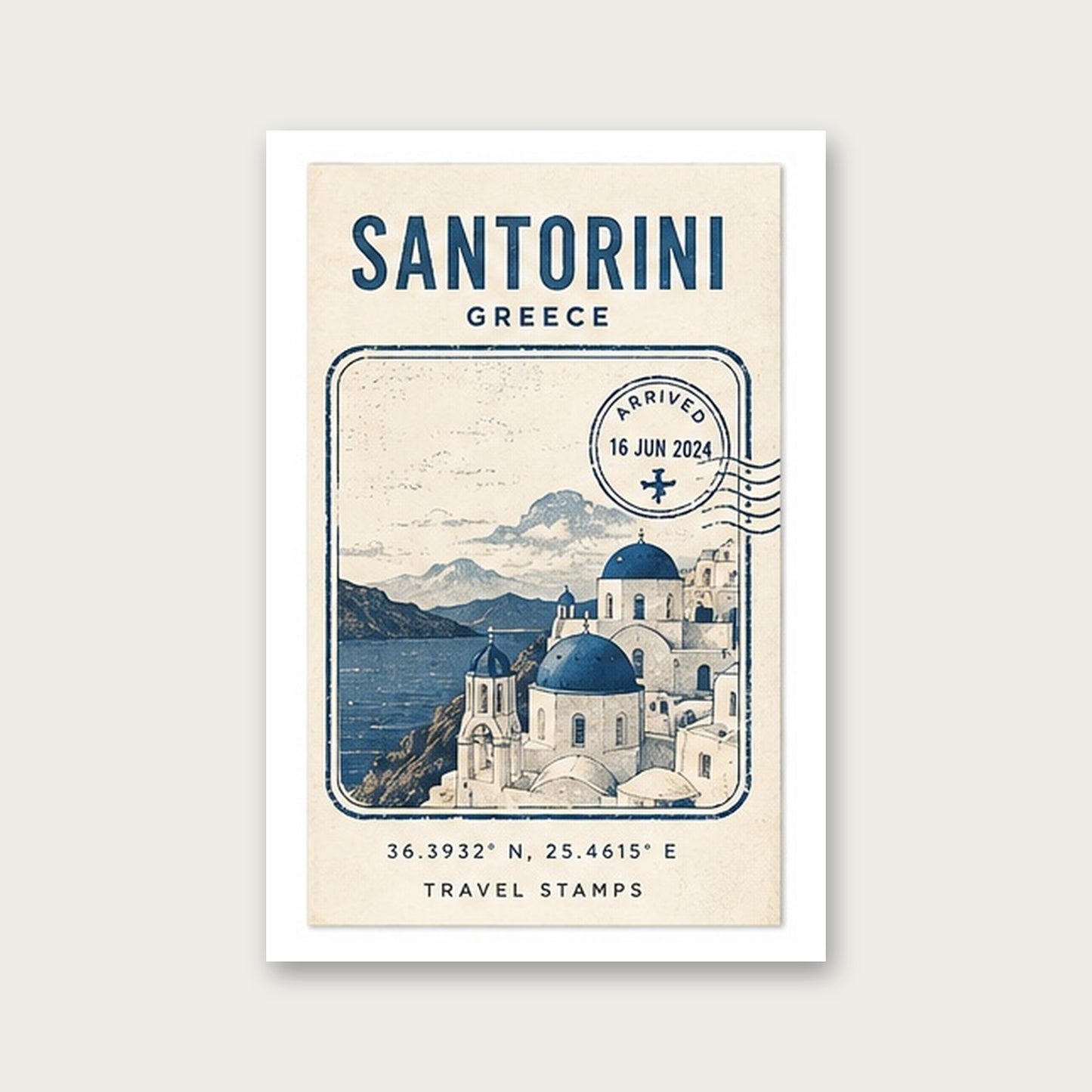 Santorini Hatırası – Vintage Çerçeveli Poster — Çerçevesiz — Paspartulu — TabloLab