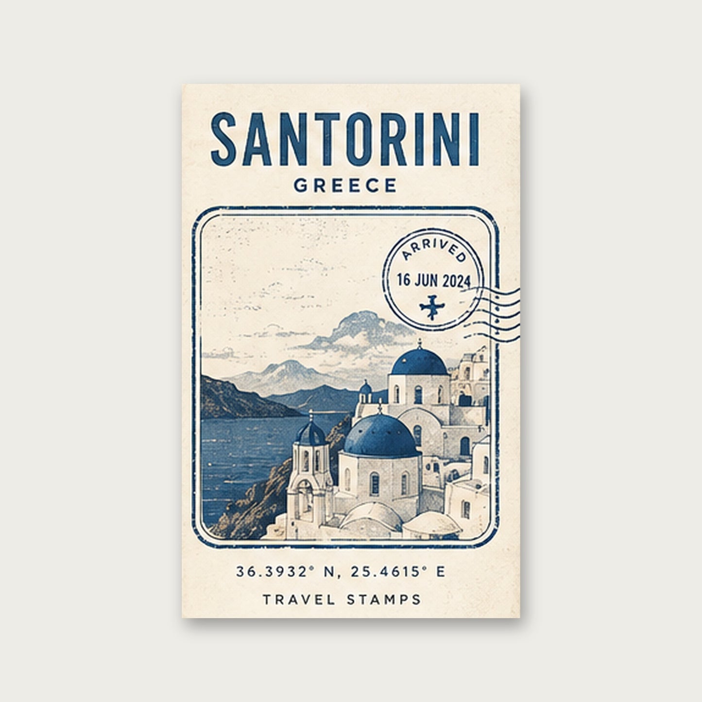Santorini Hatırası – Vintage Çerçeveli Poster — Çerçevesiz — Paspartusuz — TabloLab