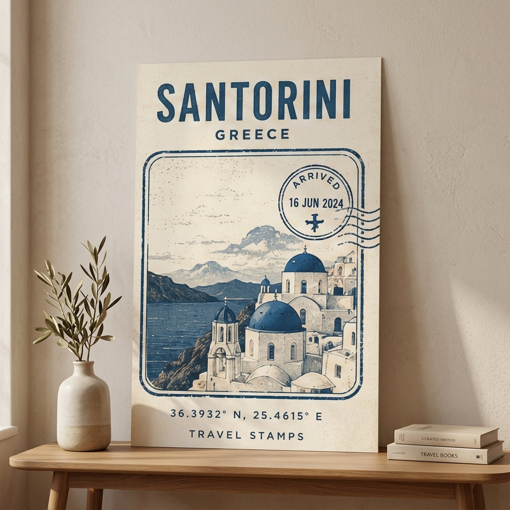 Santorini Hatırası – Vintage Çerçeveli Poster — Çerçevesiz — Paspartusuz — TabloLab