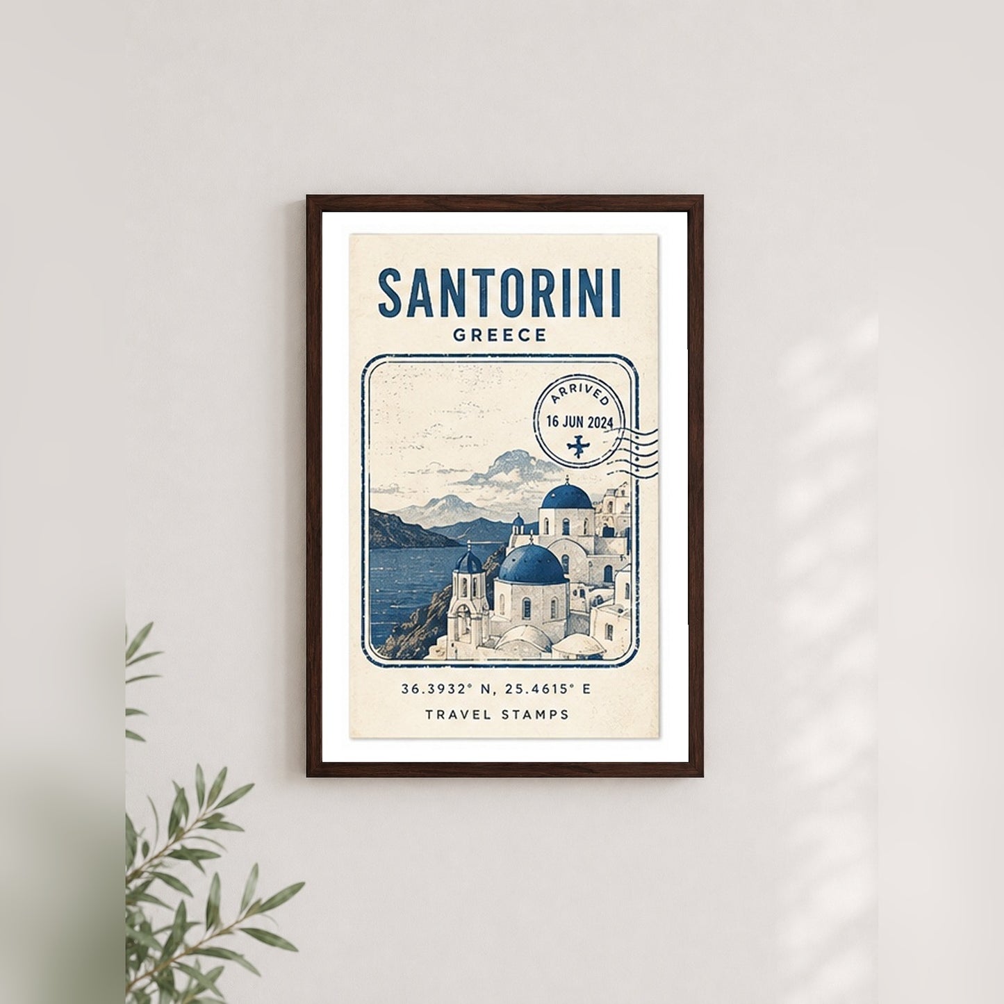 Santorini Hatırası – Vintage Çerçeveli Poster — Ceviz — Paspartulu — TabloLab