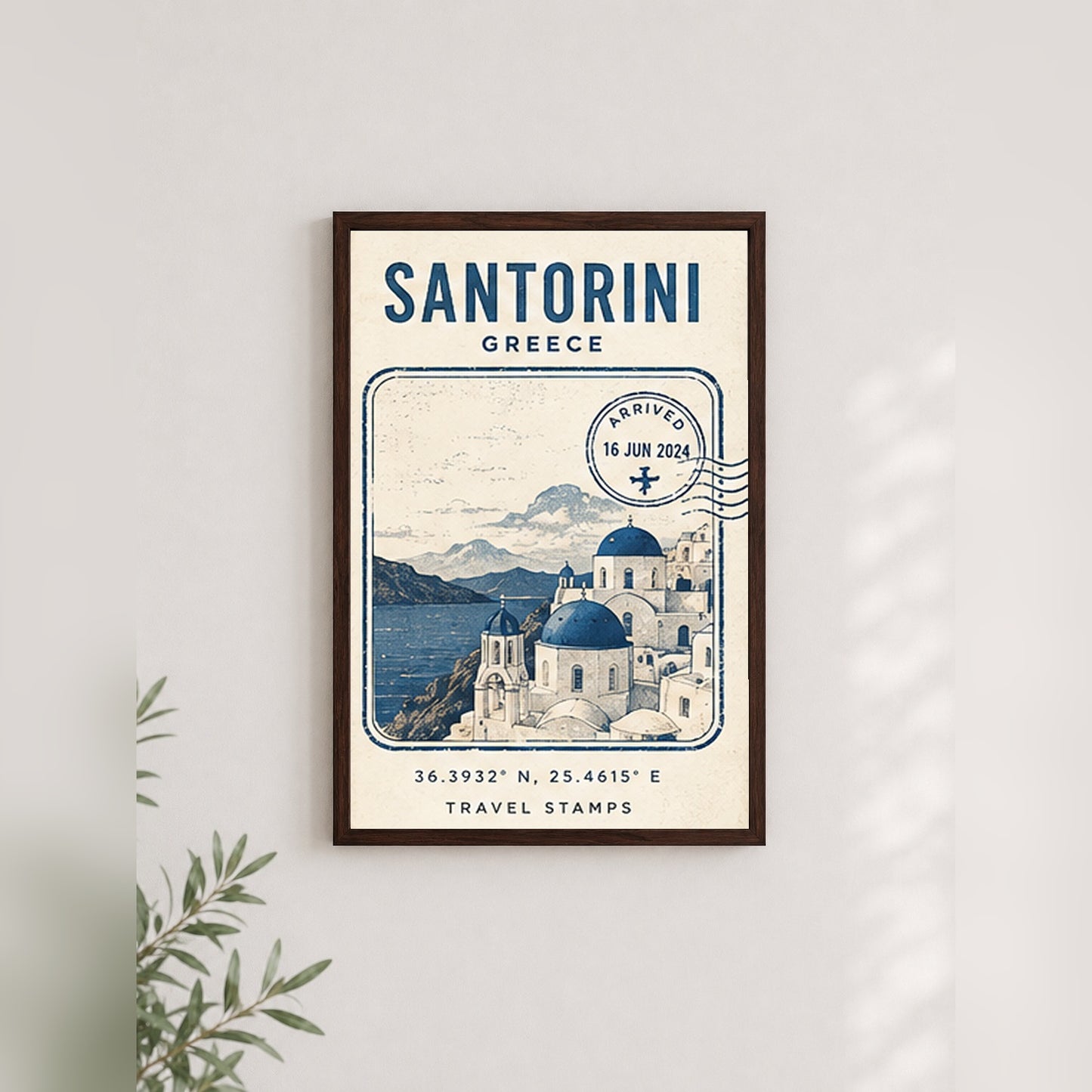 Santorini Hatırası – Vintage Çerçeveli Poster — Ceviz — Paspartusuz — TabloLab