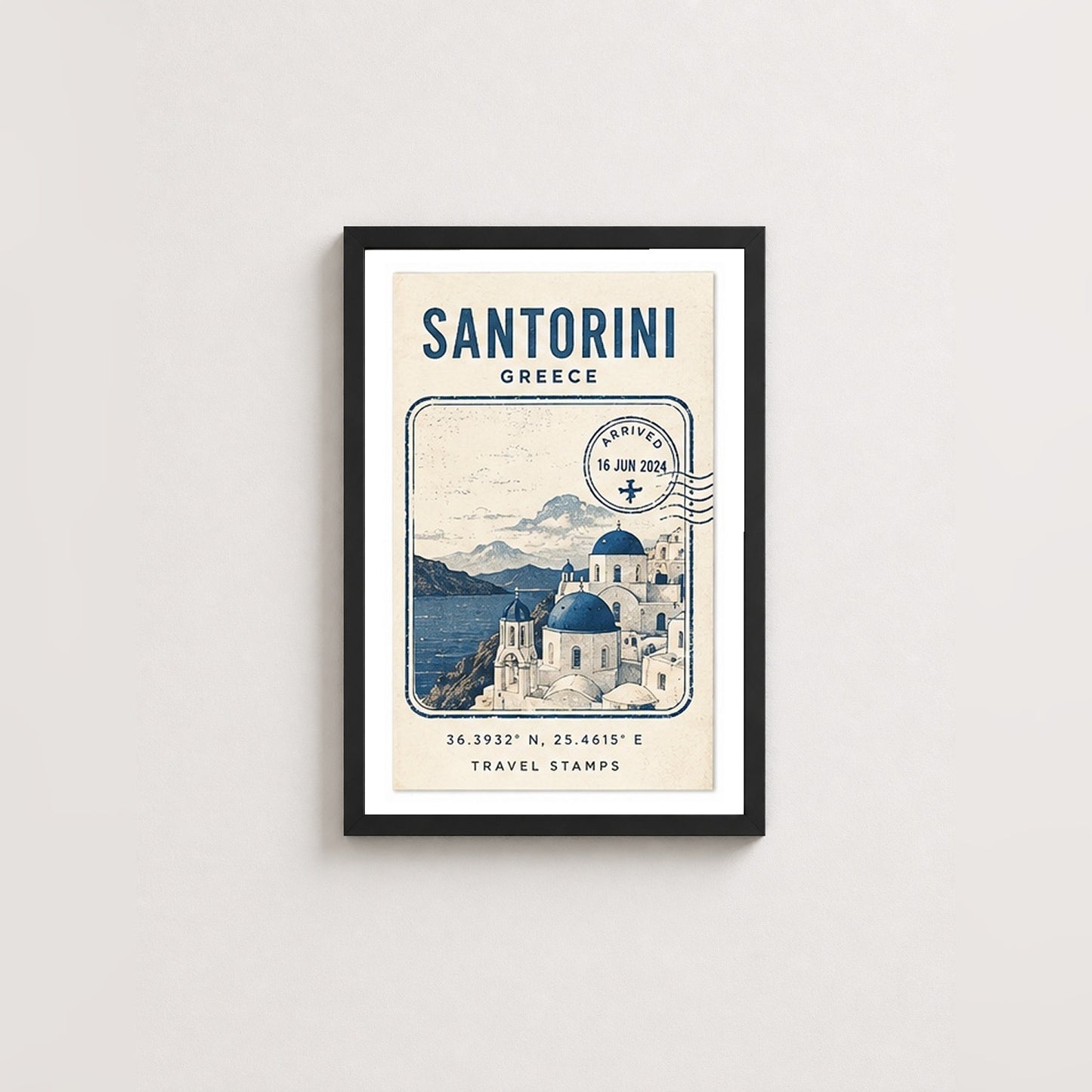 Santorini Hatırası – Vintage Çerçeveli Poster — Siyah — Paspartulu — TabloLab