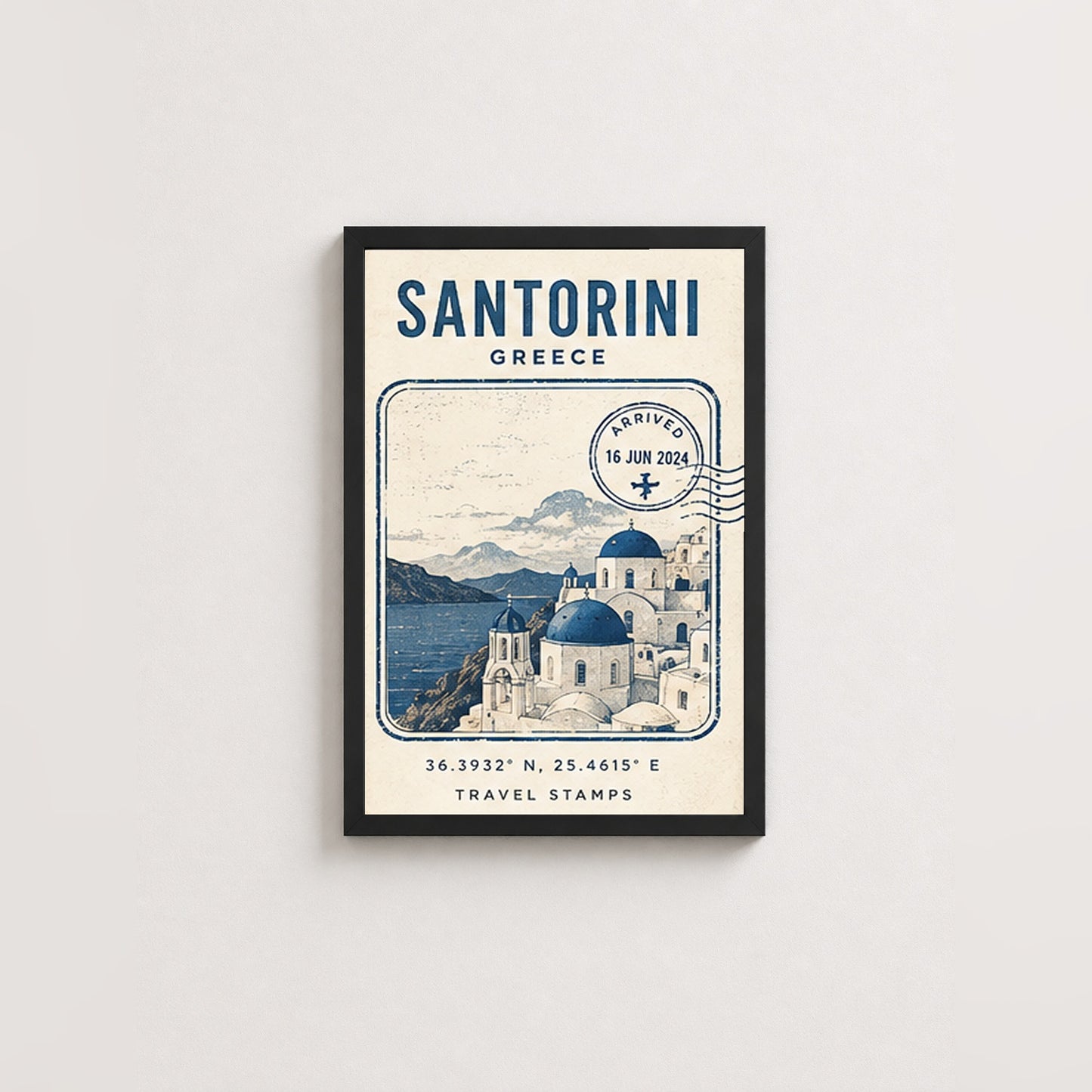 Santorini Hatırası – Vintage Çerçeveli Poster — Siyah — Paspartusuz — TabloLab