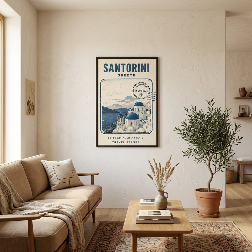 Santorini Hatırası – Vintage Çerçeveli Poster — Siyah — Paspartusuz — TabloLab