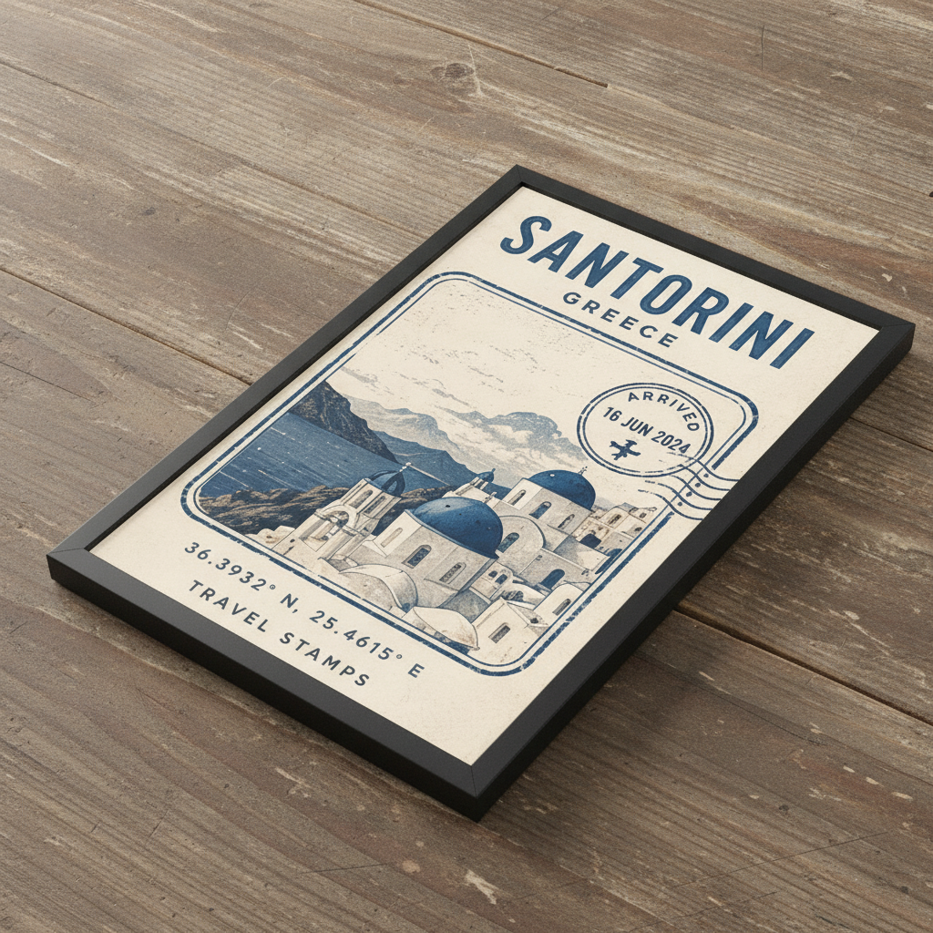 Santorini Hatırası – Vintage Çerçeveli Poster — Siyah — Paspartusuz — TabloLab