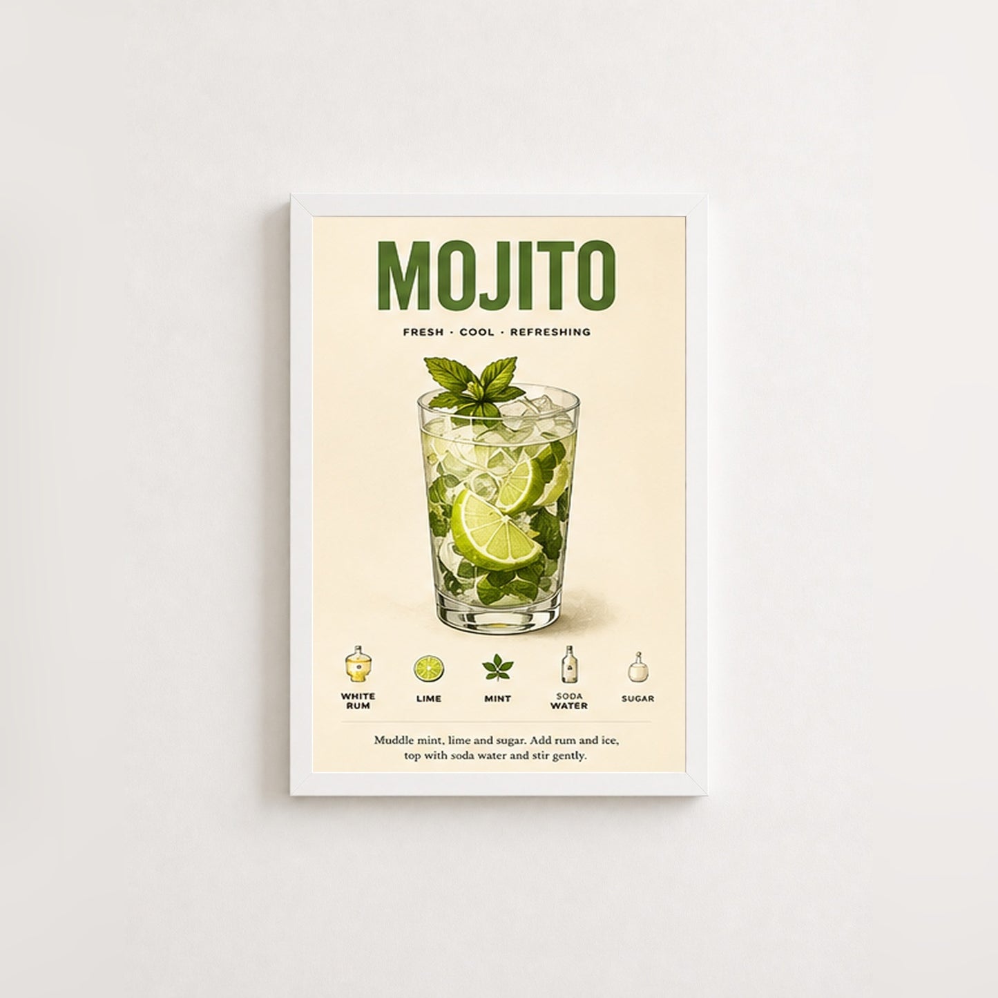 Serin Mojito Tarifi – Retro Çerçeveli Poster — Beyaz — Paspartusuz — TabloLab