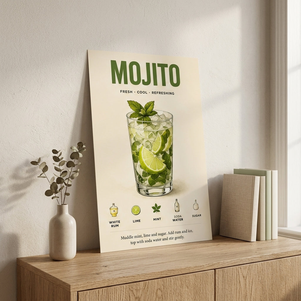 Serin Mojito Tarifi – Retro Çerçeveli Poster — Çerçevesiz — Paspartusuz — TabloLab