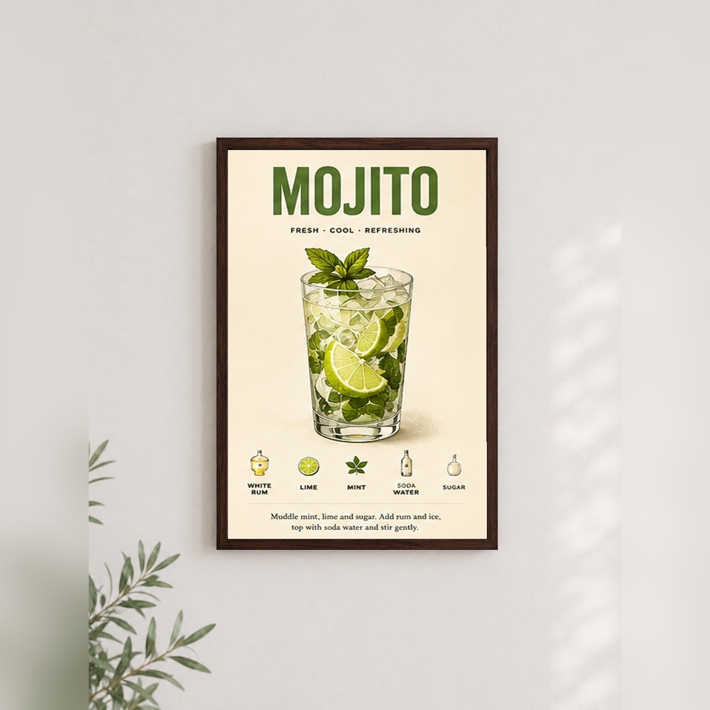 Serin Mojito Tarifi – Retro Çerçeveli Poster — Ceviz — Paspartusuz — TabloLab