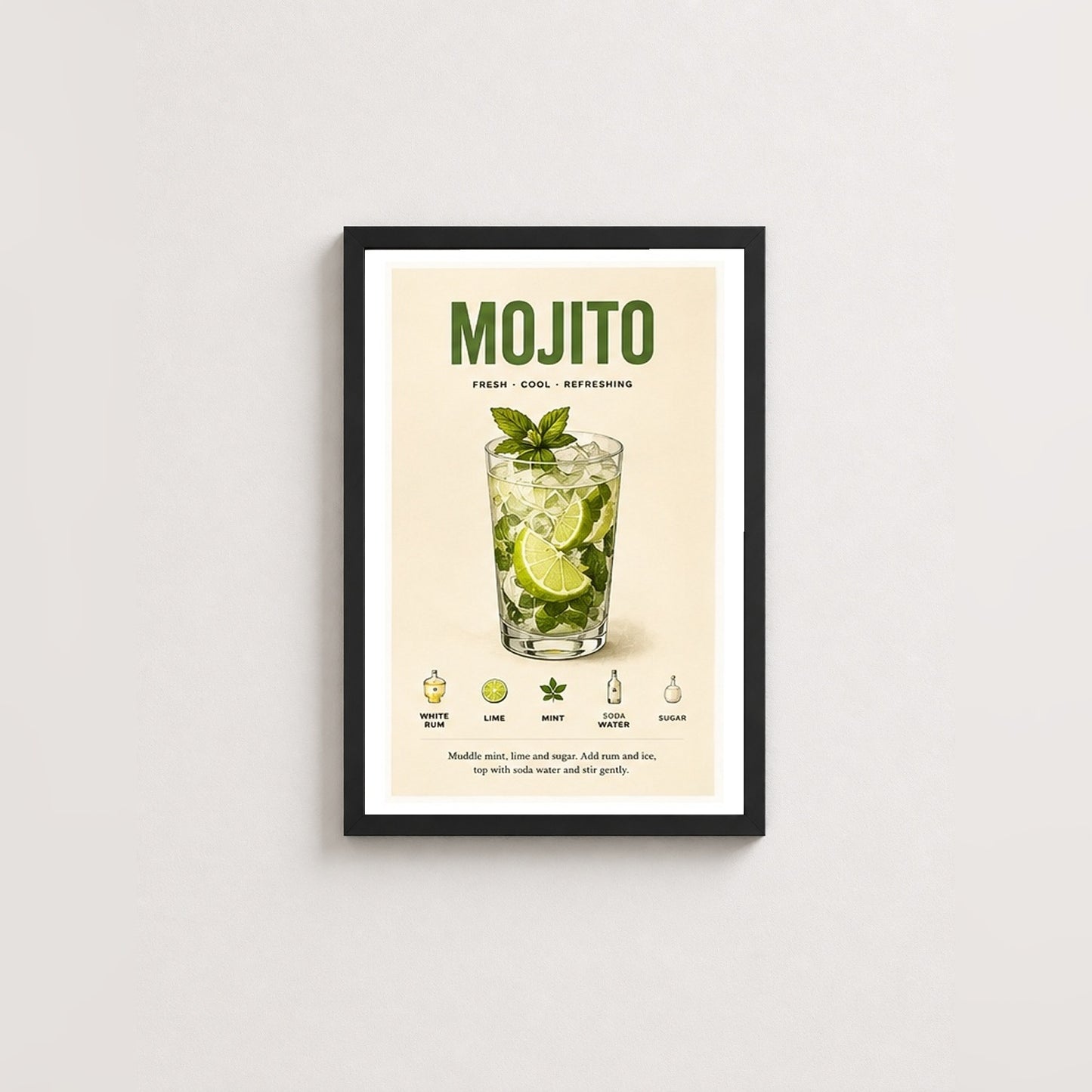 Serin Mojito Tarifi – Retro Çerçeveli Poster — Siyah — Paspartulu — TabloLab