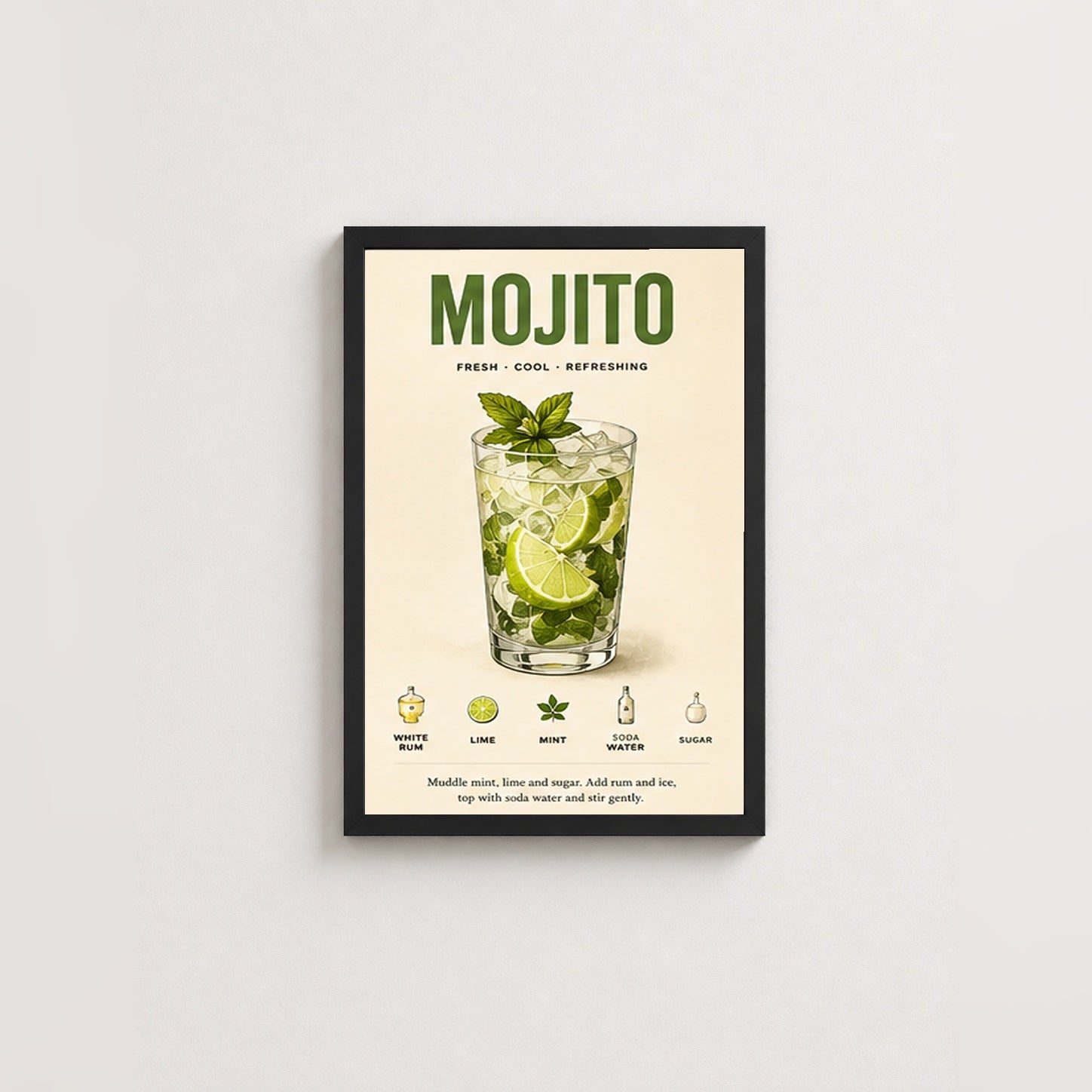 Serin Mojito Tarifi – Retro Çerçeveli Poster — Siyah — Paspartusuz — TabloLab
