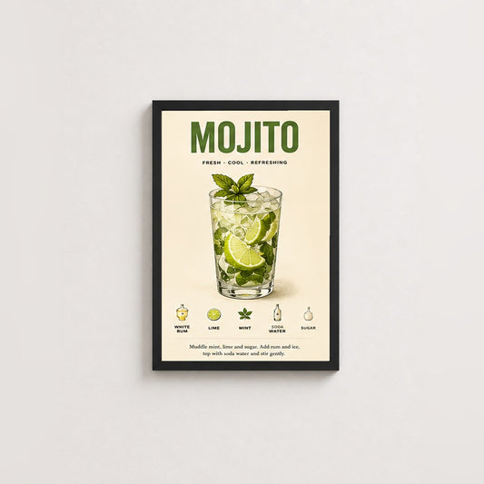 Serin Mojito Tarifi – Retro Çerçeveli Poster — Siyah — Paspartusuz — TabloLab
