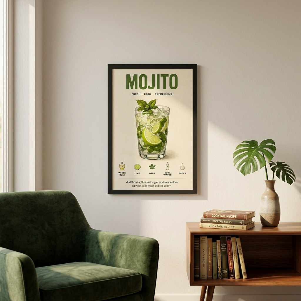 Serin Mojito Tarifi – Retro Çerçeveli Poster — Siyah — Paspartusuz — TabloLab