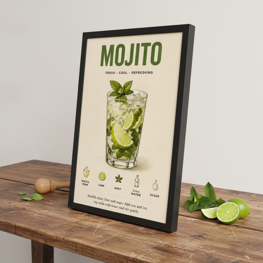 Serin Mojito Tarifi – Retro Çerçeveli Poster — Siyah — Paspartusuz — TabloLab