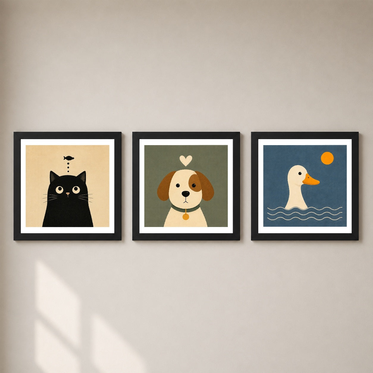 Sevimli Hayvan Dostları – 3'lü Set Poster — Siyah — Beyaz Kenarlı — TabloLab