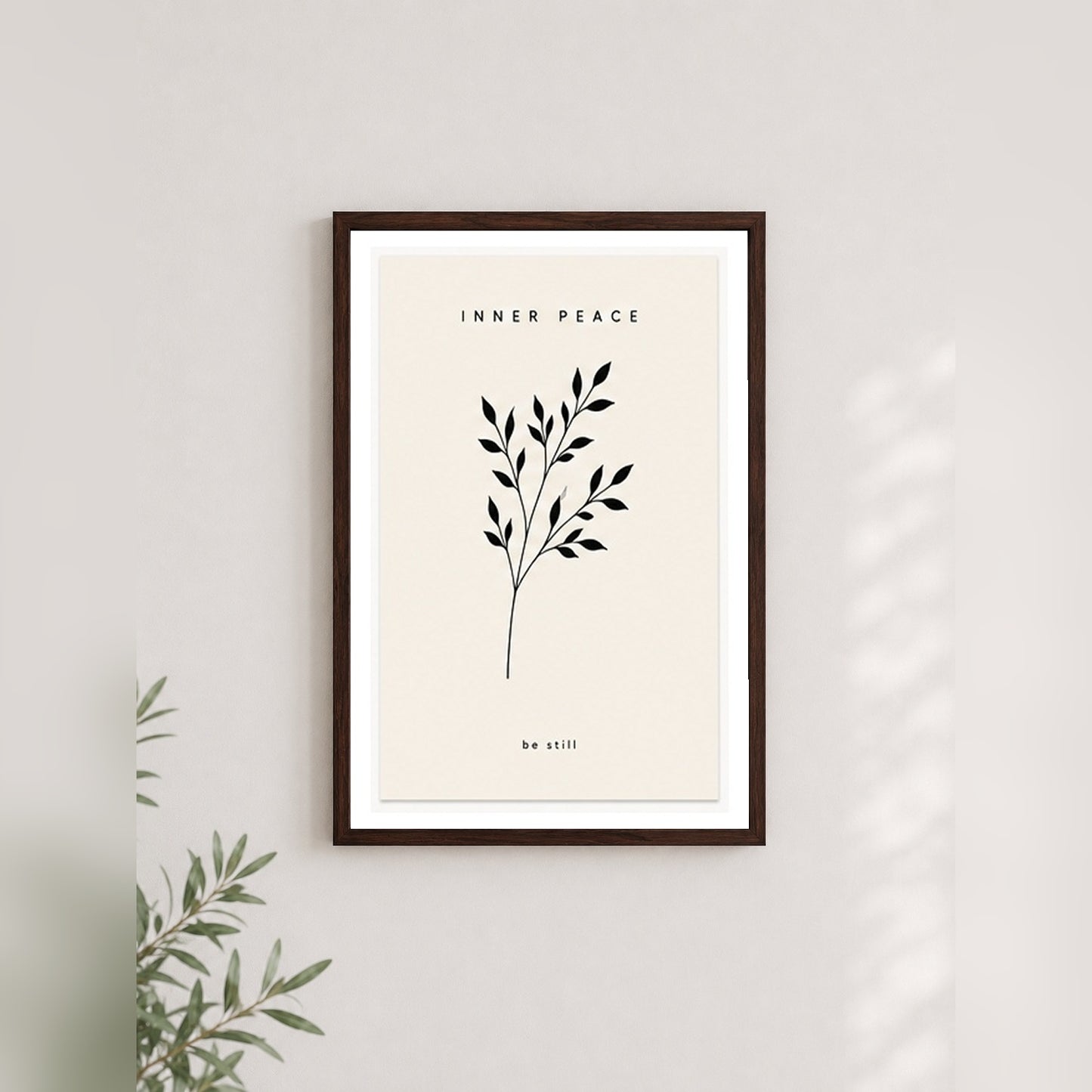 Sükunet Dalları – Minimal Çerçeveli Poster — Ceviz — Paspartulu — TabloLab