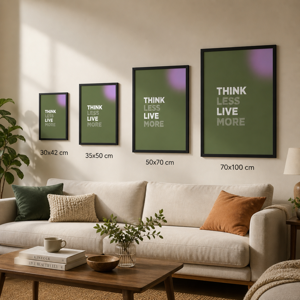Think Less Live More – Modern Çerçeveli Poster — Siyah — Tam Baskı — TabloLab