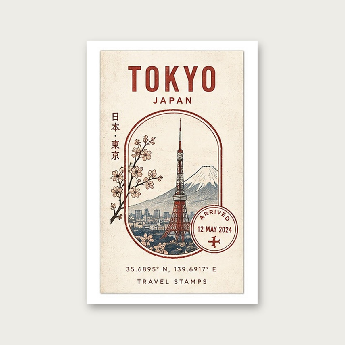 Tokyo Seyahat Hatırası – Vintage Çerçeveli Poster — Çerçevesiz — Paspartulu — TabloLab