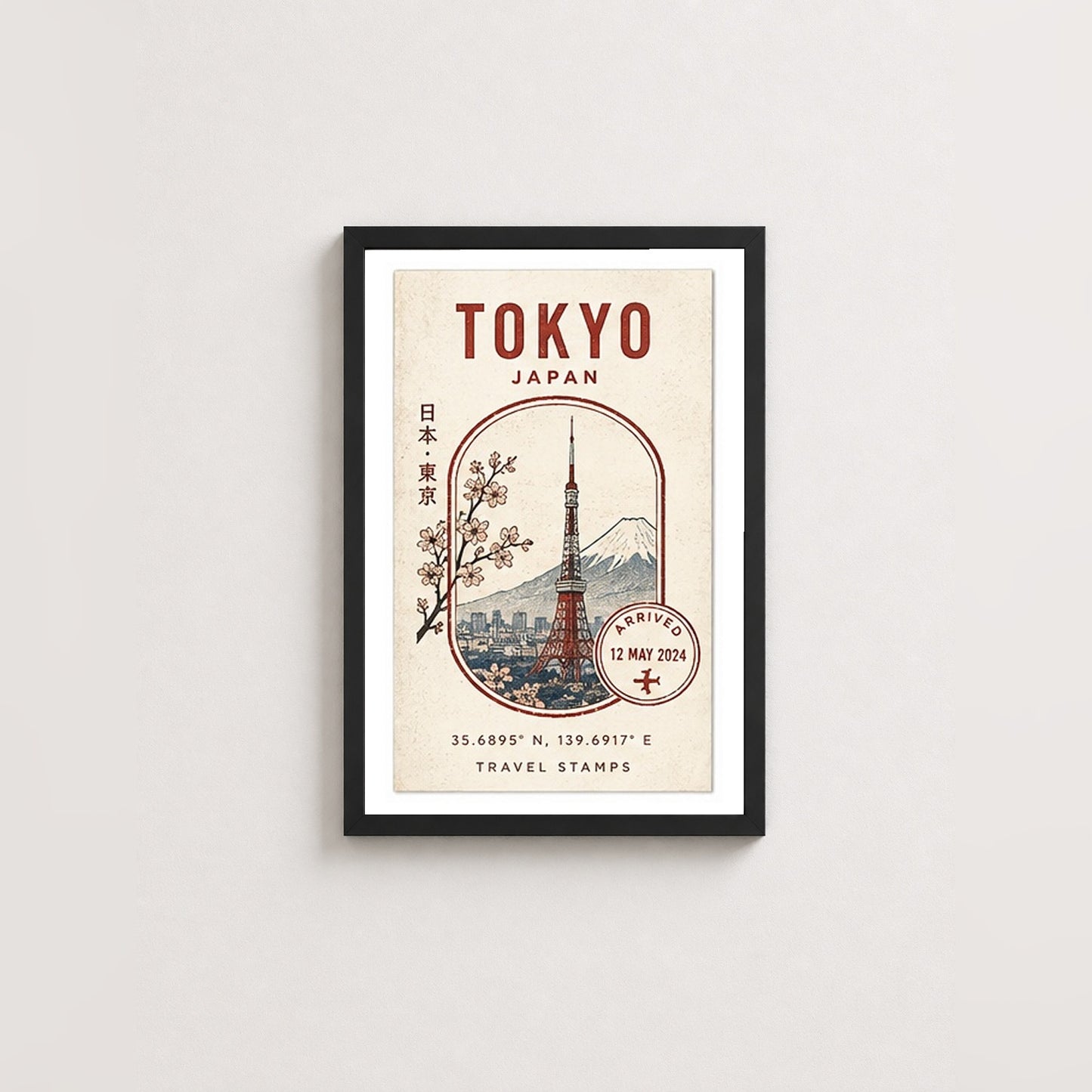 Tokyo Seyahat Hatırası – Vintage Çerçeveli Poster — Siyah — Paspartulu — TabloLab
