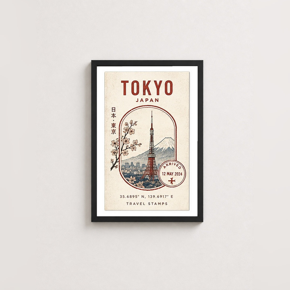 Tokyo Seyahat Hatırası – Vintage Çerçeveli Poster — Siyah — Paspartulu — TabloLab