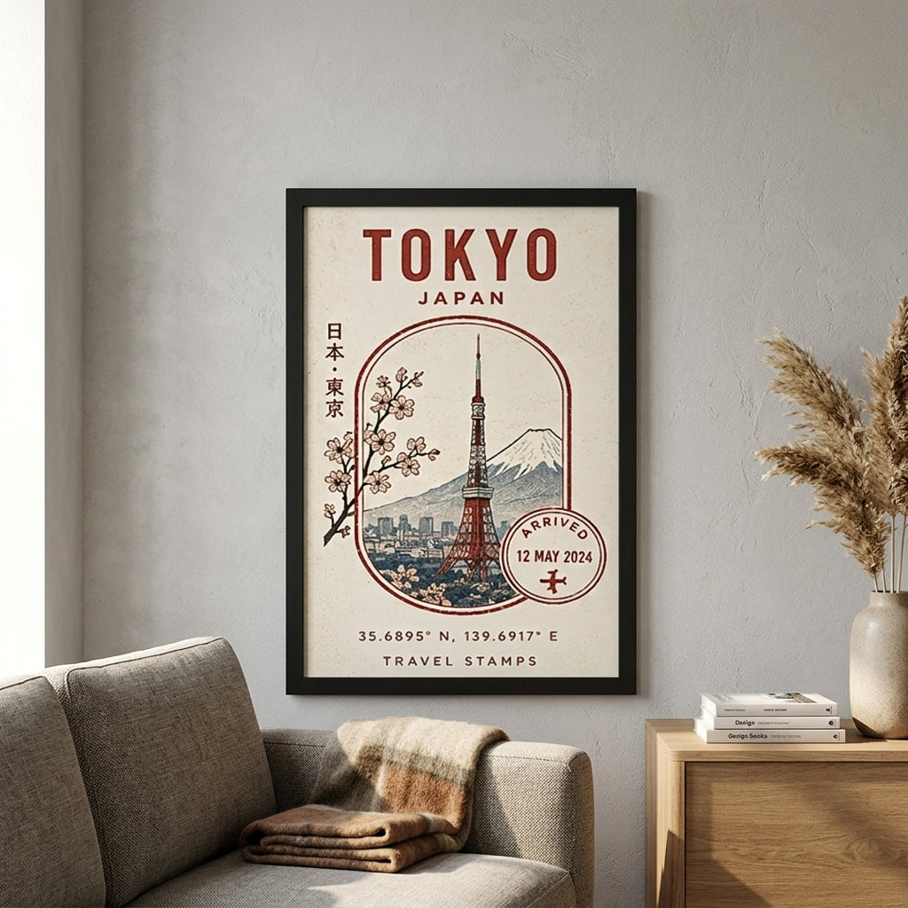 Tokyo Seyahat Hatırası – Vintage Çerçeveli Poster — Siyah — Paspartusuz — TabloLab