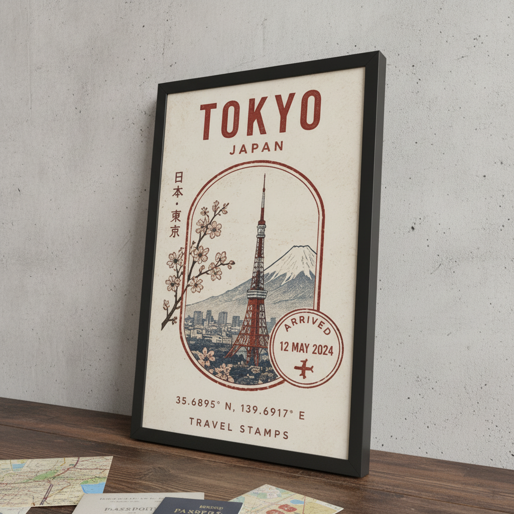 Tokyo Seyahat Hatırası – Vintage Çerçeveli Poster — Siyah — Paspartusuz — TabloLab