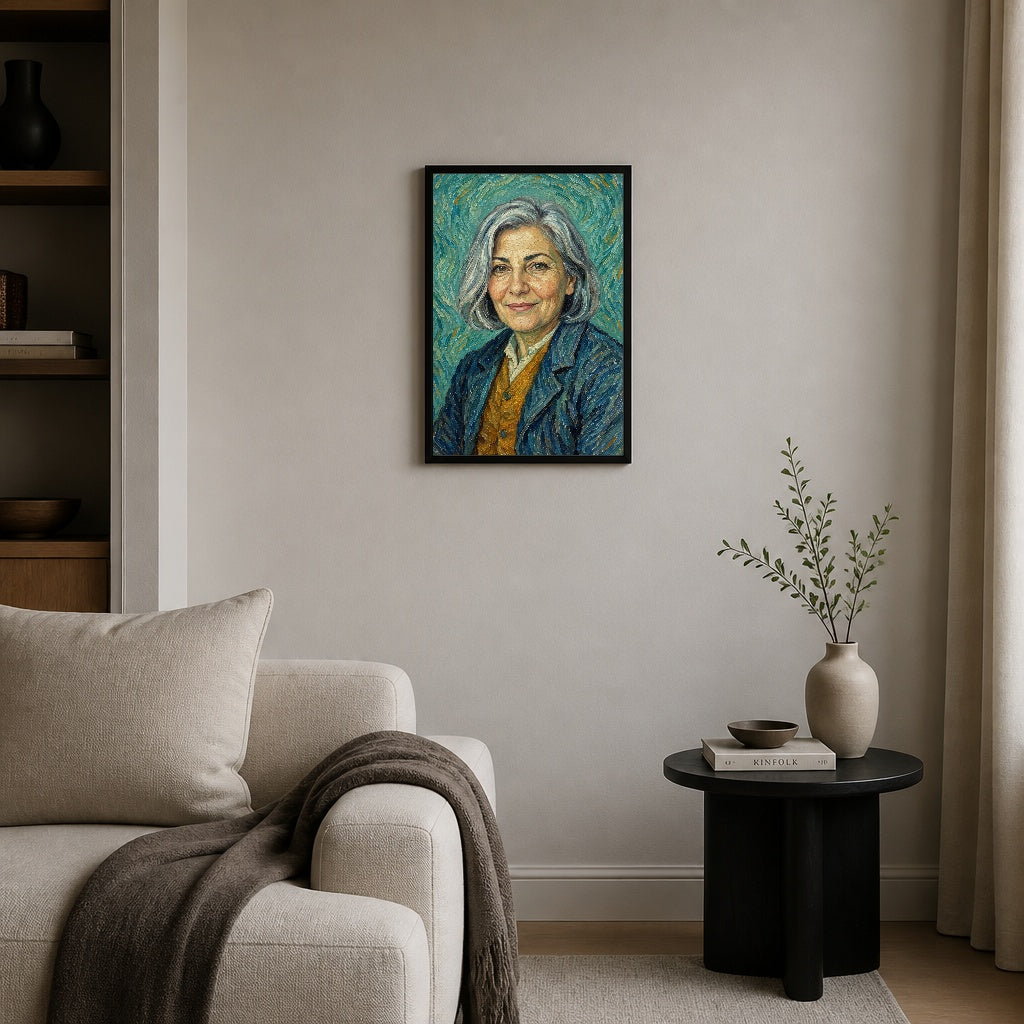 Van Gogh Otoportresi — Oda görünümü; tasarım gerçek çerçeve sahnesine yerleştirilmiştir