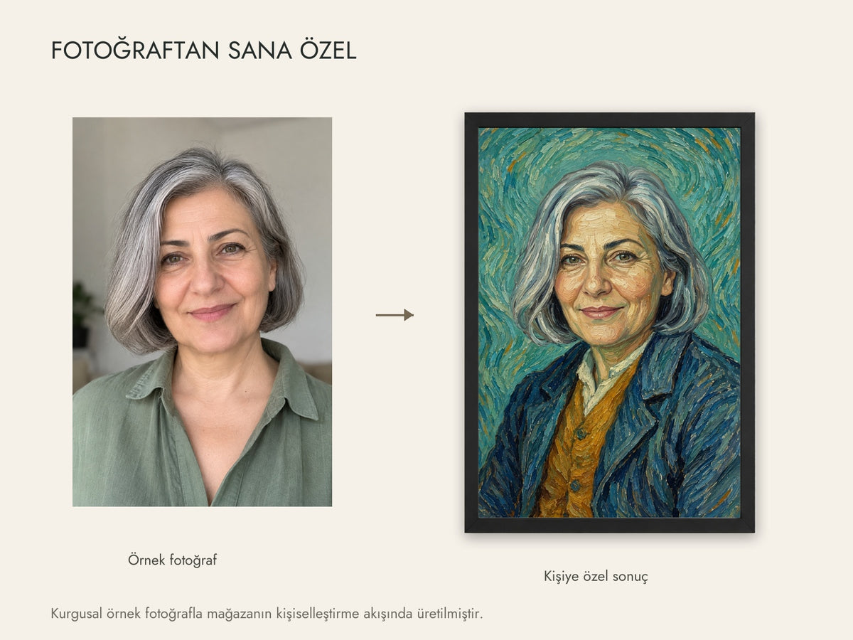 Kurgusal örnek fotoğraf ve aynı fotoğrafın canlı kişiselleştirme sonucu; müşteri fotoğrafı değildir