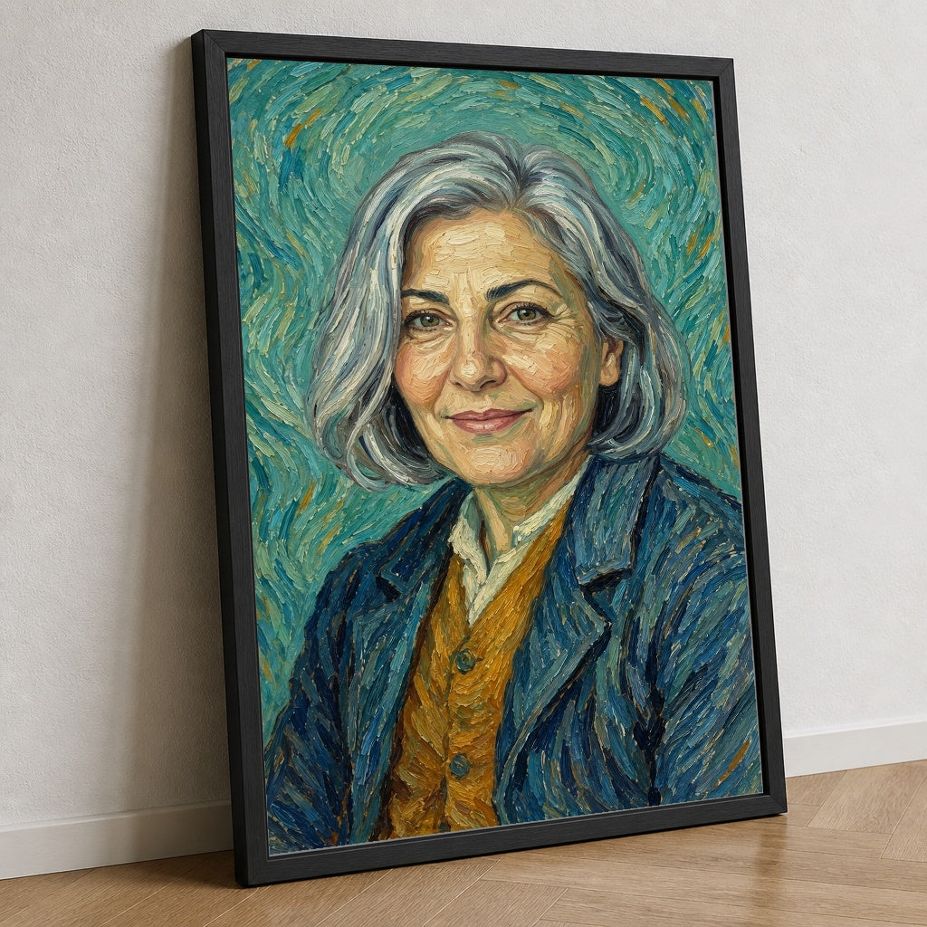 Van Gogh Otoportresi — Yakın görünüm; tasarım gerçek çerçeve sahnesine yerleştirilmiştir