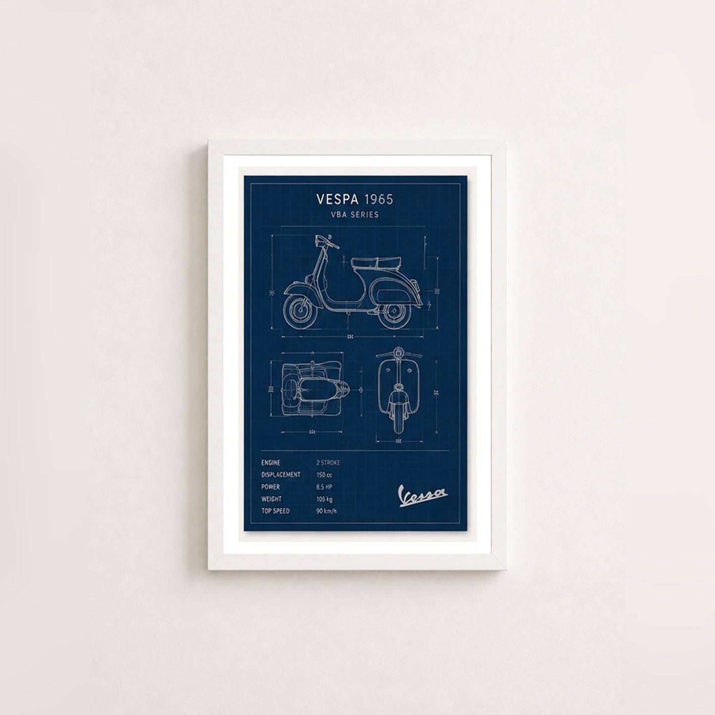 Vespa 1965 Mavi Çizimi – Teknik Çizim Çerçeveli Poster — Beyaz — Paspartulu — TabloLab
