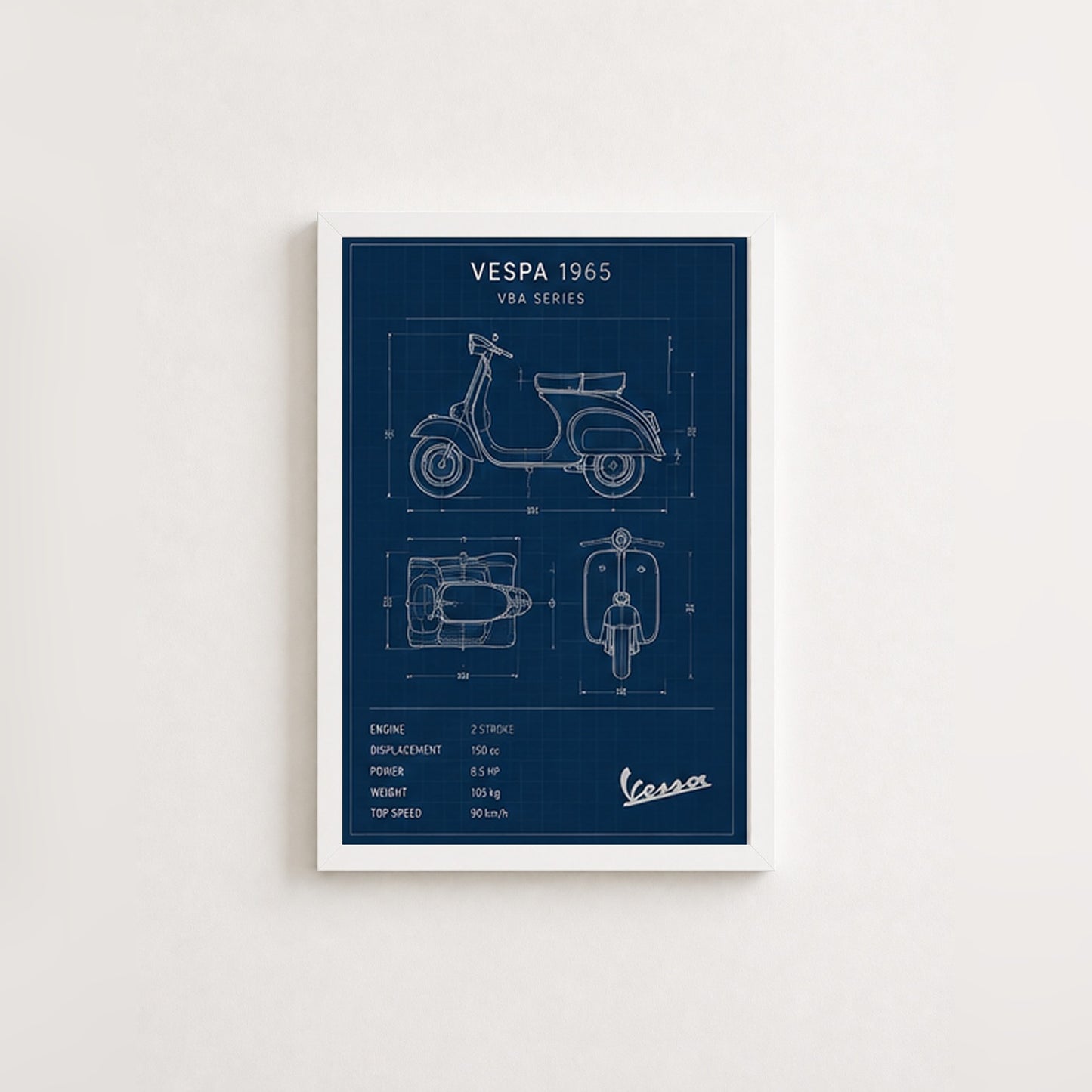 Vespa 1965 Mavi Çizimi – Teknik Çizim Çerçeveli Poster — Beyaz — Paspartusuz — TabloLab