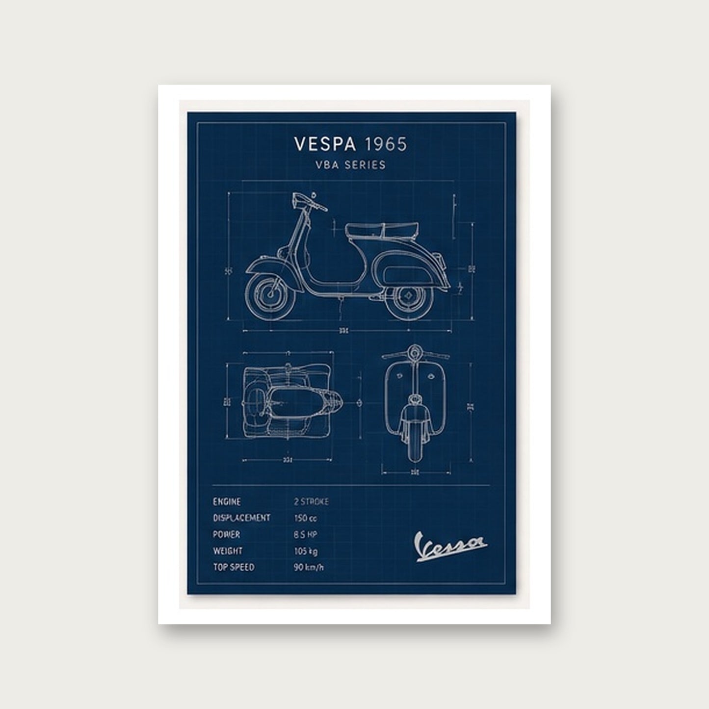 Vespa 1965 Mavi Çizimi – Teknik Çizim Çerçeveli Poster — Çerçevesiz — Paspartulu — TabloLab