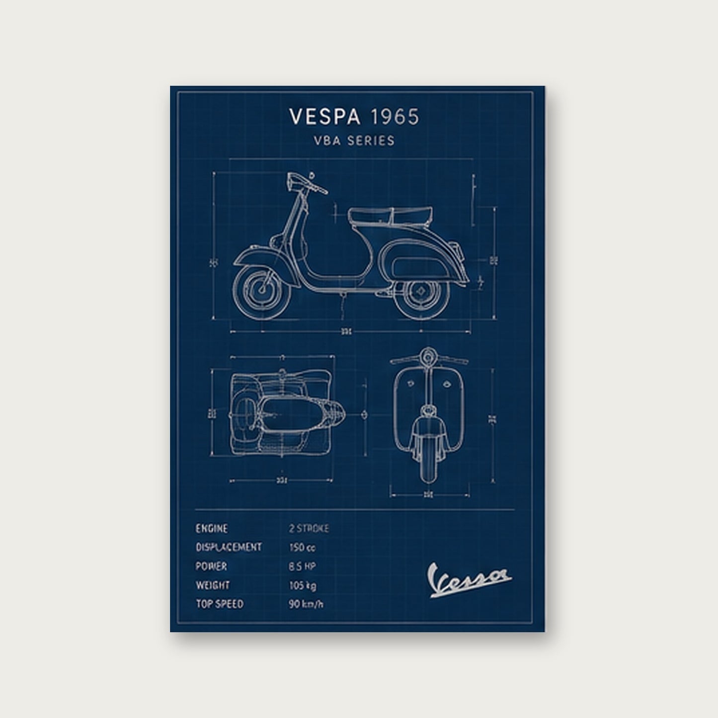 Vespa 1965 Mavi Çizimi – Teknik Çizim Çerçeveli Poster — Çerçevesiz — Paspartusuz — TabloLab