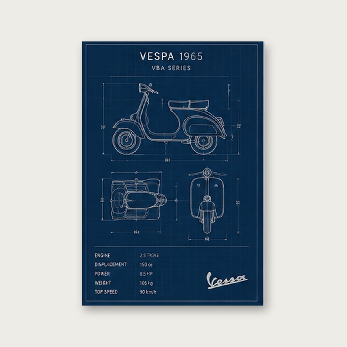 Vespa 1965 Mavi Çizimi – Teknik Çizim Çerçeveli Poster — Çerçevesiz — Paspartusuz — TabloLab