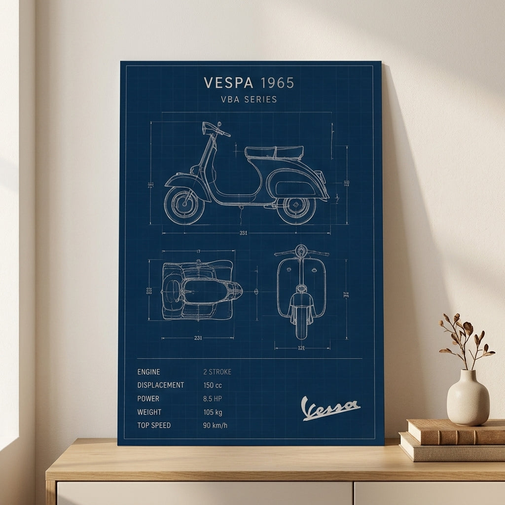 Vespa 1965 Mavi Çizimi – Teknik Çizim Çerçeveli Poster — Çerçevesiz — Paspartusuz — TabloLab