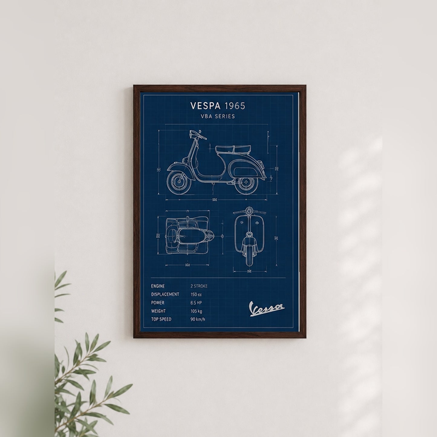 Vespa 1965 Mavi Çizimi – Teknik Çizim Çerçeveli Poster — Ceviz — Paspartusuz — TabloLab