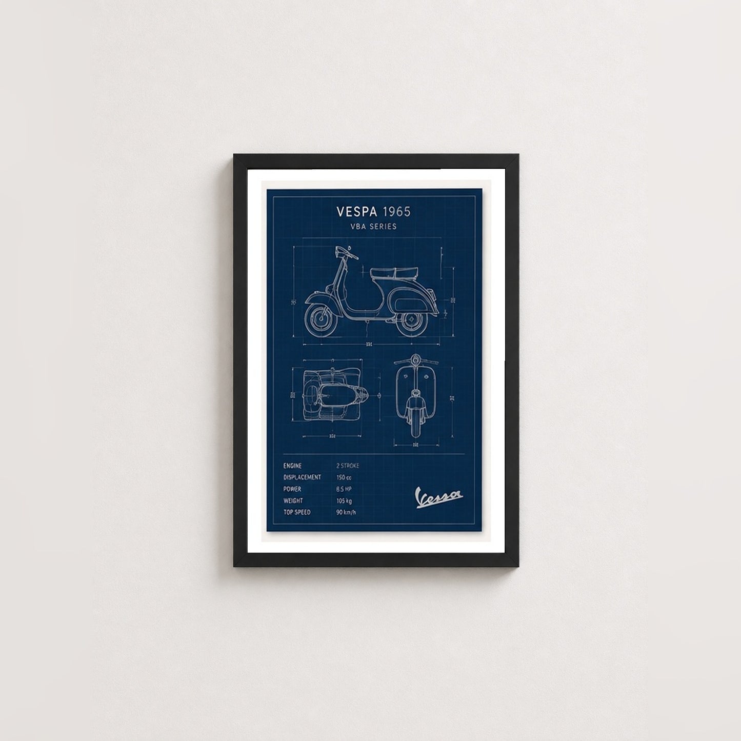 Vespa 1965 Mavi Çizimi – Teknik Çizim Çerçeveli Poster — Siyah — Paspartulu — TabloLab