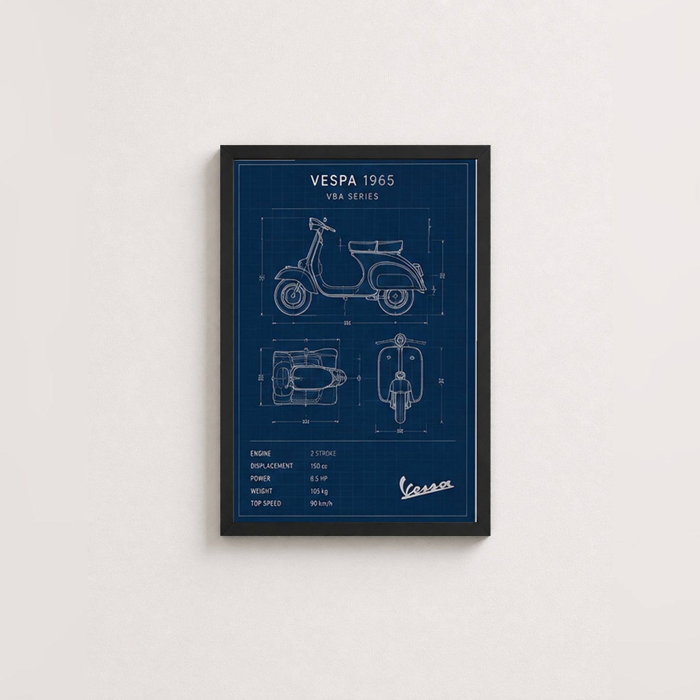 Vespa 1965 Mavi Çizimi – Teknik Çizim Çerçeveli Poster — Siyah — Paspartusuz — TabloLab