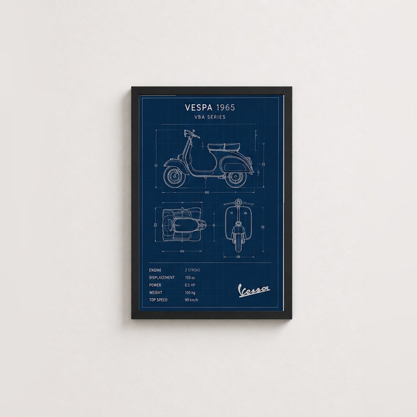 Vespa 1965 Mavi Çizimi – Teknik Çizim Çerçeveli Poster — Siyah — Paspartusuz — TabloLab