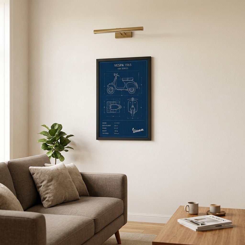 Vespa 1965 Mavi Çizimi – Teknik Çizim Çerçeveli Poster — Siyah — Paspartusuz — TabloLab