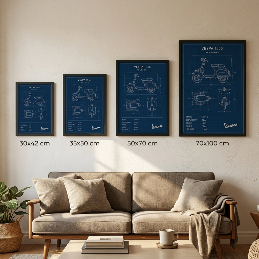 Vespa 1965 Mavi Çizimi – Teknik Çizim Çerçeveli Poster — Siyah — Paspartusuz — TabloLab