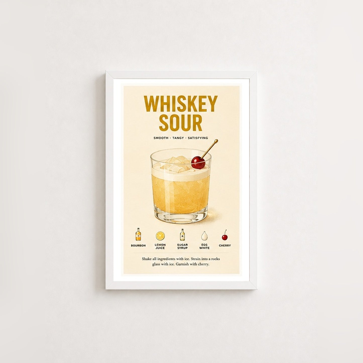 Whiskey Sour Tarifi – Vintage Çerçeveli Poster — Beyaz — Paspartulu — TabloLab