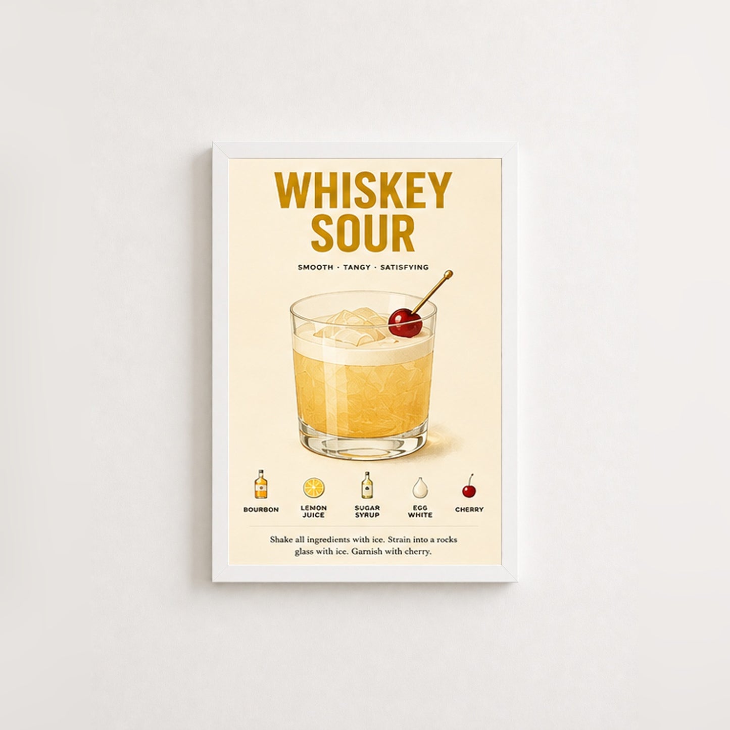 Whiskey Sour Tarifi – Vintage Çerçeveli Poster — Beyaz — Paspartusuz — TabloLab