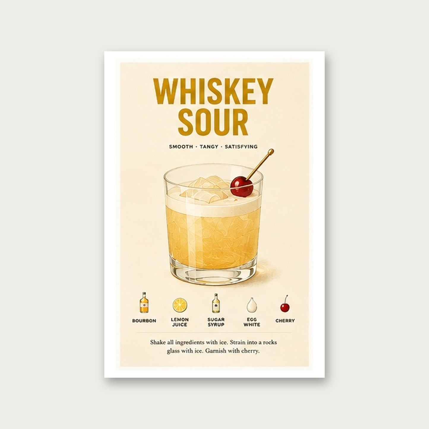 Whiskey Sour Tarifi – Vintage Çerçeveli Poster — Çerçevesiz — Paspartulu — TabloLab