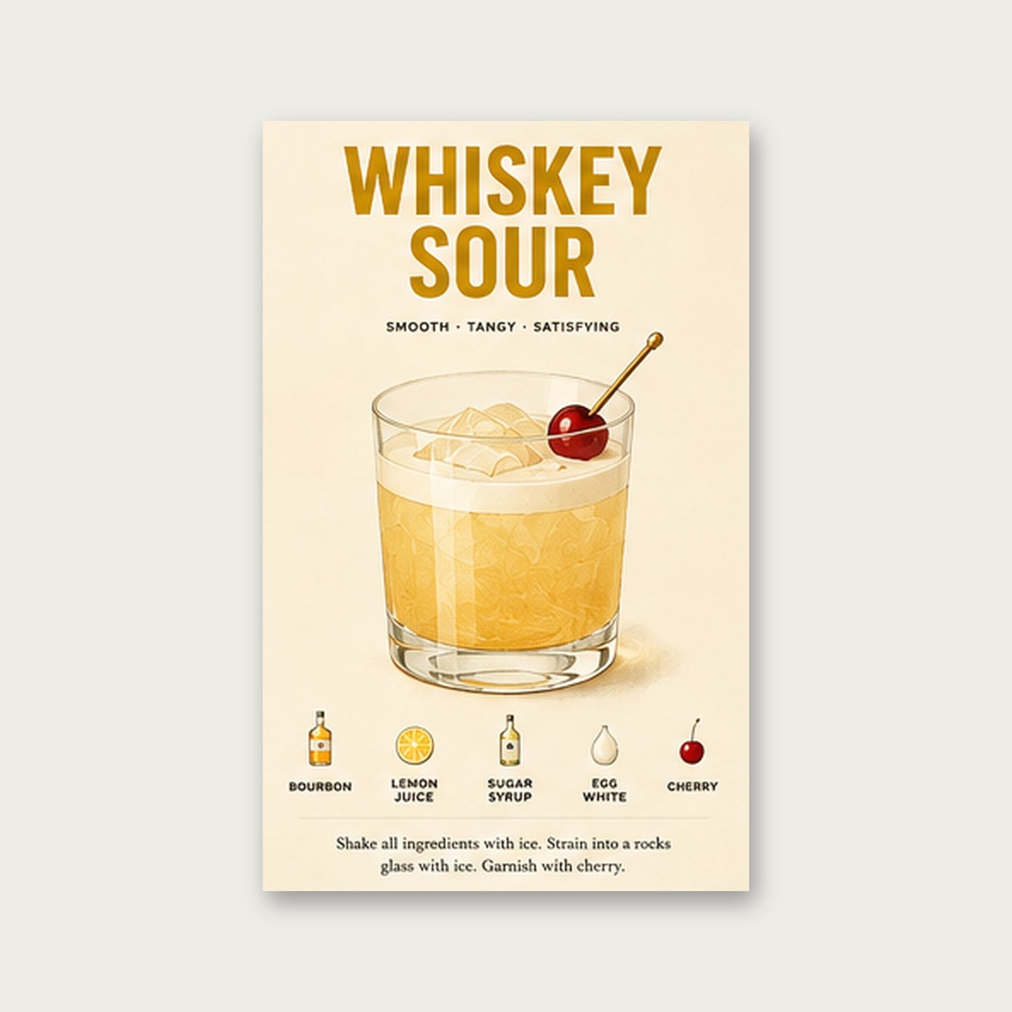 Whiskey Sour Tarifi – Vintage Çerçeveli Poster — Çerçevesiz — Paspartusuz — TabloLab