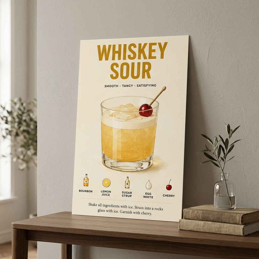 Whiskey Sour Tarifi – Vintage Çerçeveli Poster — Çerçevesiz — Paspartusuz — TabloLab