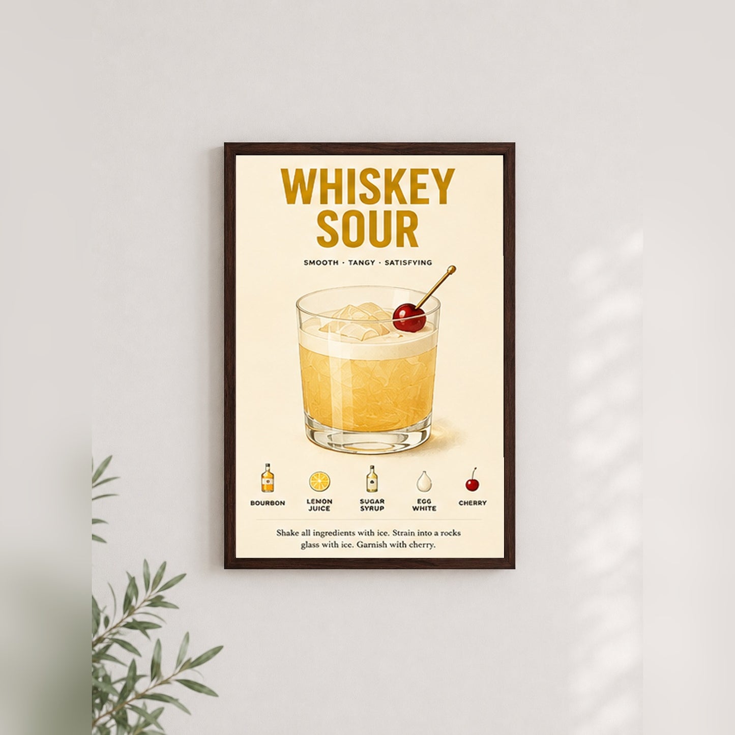 Whiskey Sour Tarifi – Vintage Çerçeveli Poster — Ceviz — Paspartusuz — TabloLab