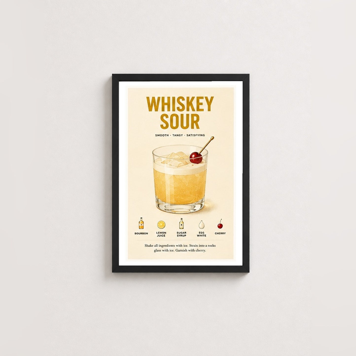 Whiskey Sour Tarifi – Vintage Çerçeveli Poster — Siyah — Paspartulu — TabloLab