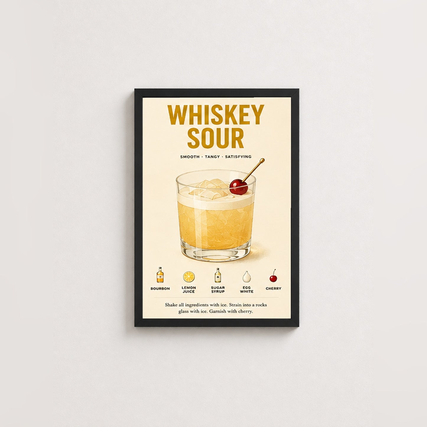 Whiskey Sour Tarifi – Vintage Çerçeveli Poster — Siyah — Paspartusuz — TabloLab
